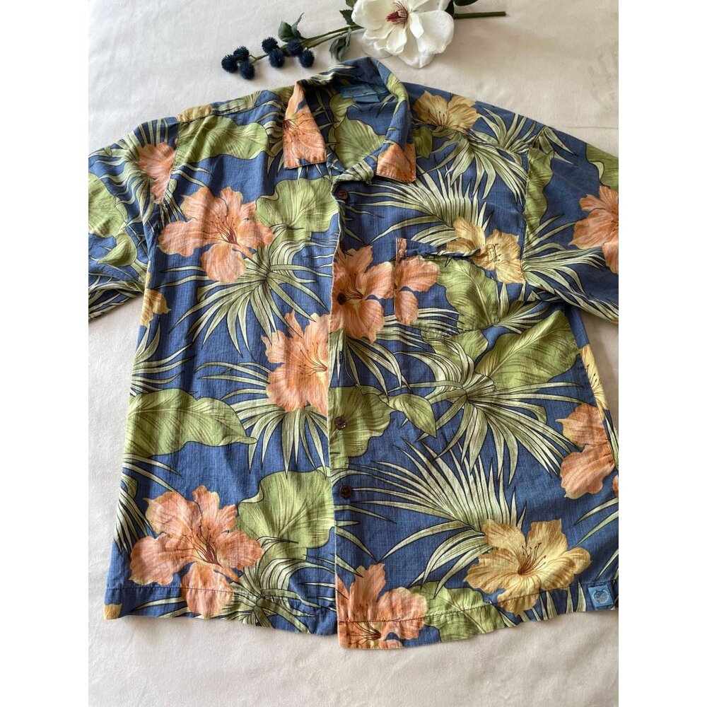 Bermuda Bay XL Tropical Hawaiian Shirt Blue With Orange & Green Floral Design 10
